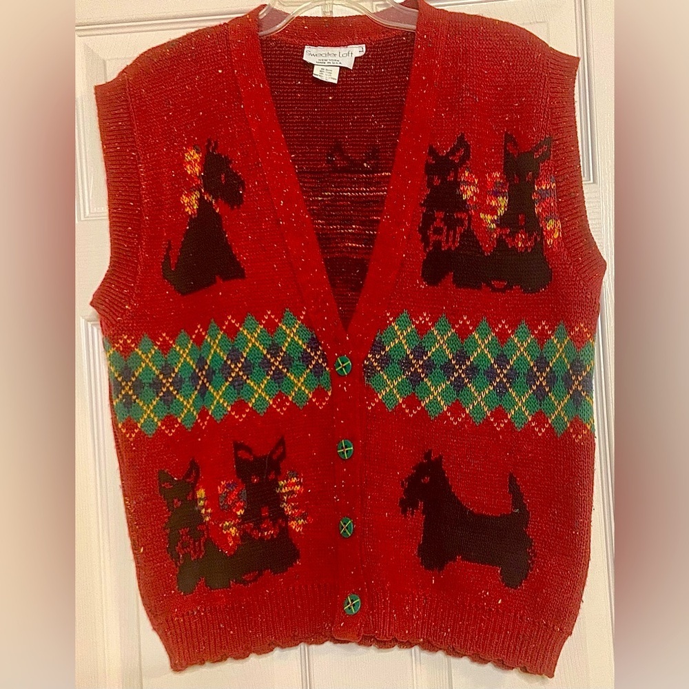 Women's Sweater Loft Knit Scottie Dogs Button Up Sweater Vest L